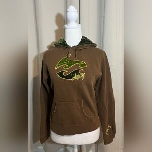 Vintage Billabong Chocolate Brown With Green Velvet Hoodie Detail Gold Stitching